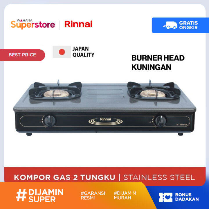 Rinnai RI 602 BGX Kompor Gas Stove Teflon 2 Tungku RI-602 BGX / RI602 BGX /  RI 602BGX / RI602BGX - Hitam | Lazada Indonesia