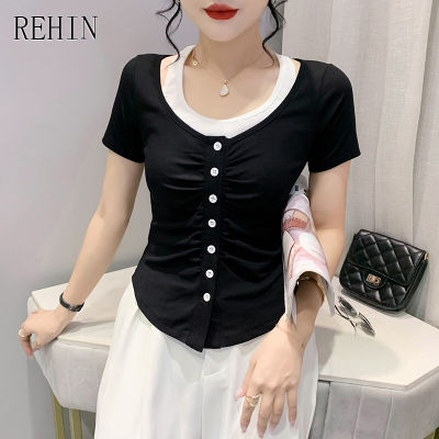 REHIN ผู้หญิงฤดูร้อนใหม่แฟชั่นผ้าฝ้ายสี Blocking Splicing แขนสั้นเสื้อยืดปุ่ม Slim Fit Elegant เสื้อ