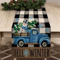 【LZ】☋♤  Black Buffalo Plaid Christmas Snowman Truck Home Kitchen Decor Table Runner Vintage Farmhouse Burlap Decor for Holiday Party