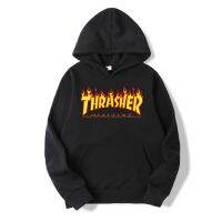 卐 THRASHER พิมพ์เสื้อกันหนาวขนแกะผู้ชายในยุโรปและอเมริกาคู่ชายคลุมด้วยผ้าแบรนด์อินเทรนด์ที่ขายดีที่สุดของผู้ชายบาง