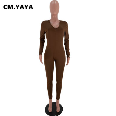 CM.YAYA Women Jumpsuits Solid Full Sleeve V-neck Back Hollow Out Full Length Sheath Elastic Jumpsuit Spring Fall Women Outfit