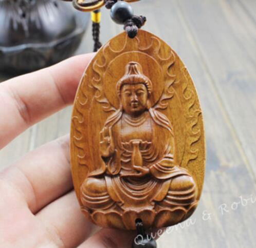 Hollow Out inlay Wood Carving Chinese Guan Kwan Yin Sculpture Amulet Car Hanger 
