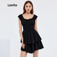 Lovito ชุดจั๊มสูท เปิดไหล่ แขนยางยืด ลายจุด สีดํา L25AD083