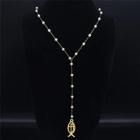 Stainless Steel Imitation Pearl Fish Cross Necklaces Gold Color Chain Necklace Pendant Jewelry joyeria acero inoxidable N1044S05