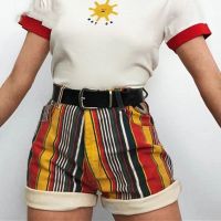 Vintage Striped Shorts Summer Women Fashion Mid-Waist Mulitcolors Shorts with Pocket Loose Plus Size Formal Clothing Suit Wear