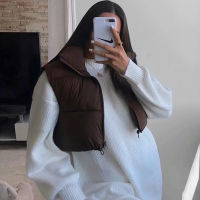 Merodi Women Casual High Collar Za Coffee Color Short Parkas Outwear Chic Lady Fashion Zippers Sleeveless Jackets Vest