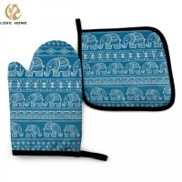 Boho Elephant Oven Mitt and Pot holder Set Heat Resistant Non Slip Kitchen Gloves with Inner Cotton Layer for Cooking Baking