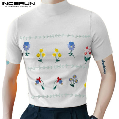 INCERUN เสื้อเสื้อยืดวันหยุดพิมพ์ลายดอกไม้สำหรับผู้ชายคอกลม (สไตล์เกาหลี) ลายเสื้อเชิ้ตแขนสั้น