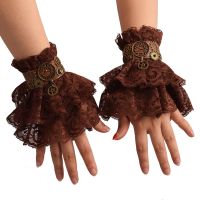 Steampunk ถุงมือข้อมือ Cuffs ผู้หญิง Gothic Punk Lolita คอสเพลย์แขนเสื้อสีน้ำตาล Ruffled Lace celets