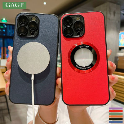 Luxury PU Leather Metal Hole Magnetic Case For iPhone 14 13 12 11 Pro Max Plus Lens Protection Wireless Charging Acrylic Cover Phone Cases