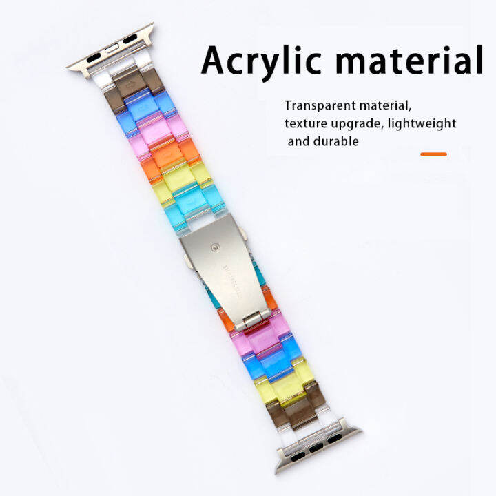 สายเรซิ่นสายรุ้งเข้ากันได้กับ-apple-watch-band-45มม-41มม-44-40-42-38สายโปร่งใสที่มีสีสันแฟชั่นสีทึบสำหรับ-i-watch-series-8-7-6-5-4-3-2-1-se-man-weman-smartwatch-สายรัดทำควา