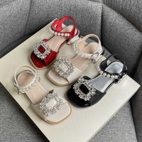 Girls Sandals Crystal Beading Elegant Patent Leather Children Sliders Open Toe Low Heel Solid Color 26-36 Kids Summer Shoes2023