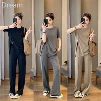 Lazy suit womens summer New loose slimming meat-covering split top vertical feeling fashion casual loose wide-leg pants V729