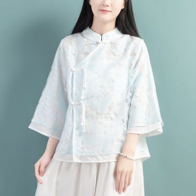 เสื้อผู้หญิงผ้าแจ็คการ์ดสีเขียวเก๋และหรูหรา,เสื้อเชิ้ต Hanfu ปรับปรุงสไตล์คอตั้งจีนสำหรับฤดูร้อน2023