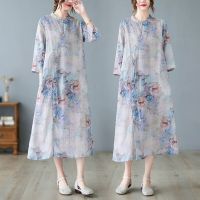 Wewae6323สไตล์จีน Chinoiserie Hanfu ผู้หญิง2022ปรับปรุง Cheongsam หลวม Vintage พิมพ์ผ้าฝ้ายลินิน Dress