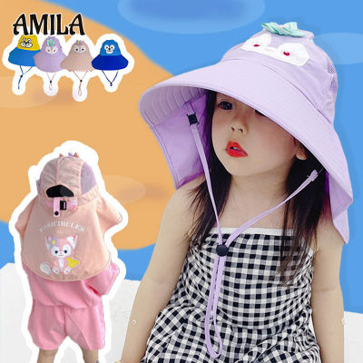 หมวกกันแดดเด็ก AMILA หมวกชาวประมงป้องกันรังสียูวีสำหรับเด็กชายและเด็กหญิงการป้องกันคอและชายหาดระบายอากาศ