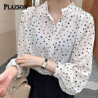 PLAZSON ใหม่2023ฤดูร้อนผู้หญิงเสื้อ Elegant Office Lady เสื้อชีฟอง Dot พิมพ์คอปกสไตล์เกาหลี Top สีขาว Blusas