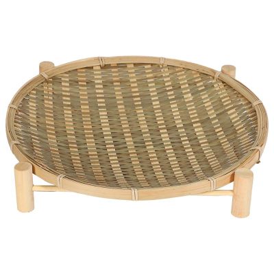 Handmade Woven Bamboo Fruit Basket Food Bread Organizer Kitchen Storage Decorative Round Plate with Bracket