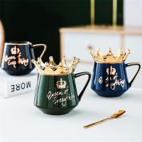 【High-end cups】ราชินีแห่งทุกสิ่งแก้วที่มีฝาปิดมงกุฎและช้อนถ้วยกาแฟเซรามิกของขวัญสำหรับแฟนภรรยาน่ารักแก้วกาแฟและถ้วย