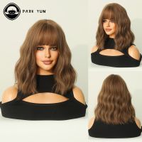 Brown Curly Wave Hair Women Wig with Bangs Shoulder Length Heat Resistant Synthetic Fiber Wigs Cosplay Party Daily Use Wig  Hair Extensions Pads