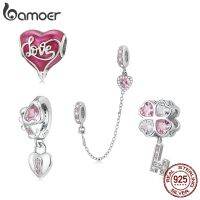 BAMOER 925 เงินสเตอร์ลิงหัวใจรักหลอดไฟ Charm Heart Clover จี้กุญแจล็อคลูกปัดห่วงโซ่ความปลอดภัยสำหรับผู้หญิงของขวัญวันวาเลนไทน์