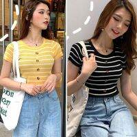 Women Casual Striped Short Sleeve Slim Buttons Knitted T-Shirt