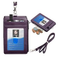 hot！【DT】✿♘♚  Office Leather ID Badge Card Holder Wallet with 5 Slots 1 Side Blocking Neck Lanyard