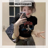 HUAYANG01 [2023แฟชั่นสุดฮอตใหม่] เครื่องแต่งกายแนวสตรีทเสื้อยืดพิมพ์ลายย้อนยุคเสื้อผู้หญิงคอกลมเสื้อครอปเสื้อแขนสั้นรัดรูปฤดูร้อน