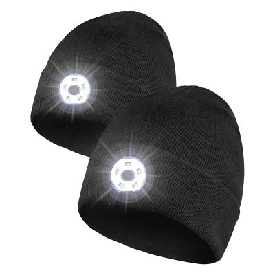 2 Pack Unisex Beanie Hat with Light ,5 LED 3 Modes Rechargeable Hands Free Head Light Hat,Knitted Hat with Light(Black)