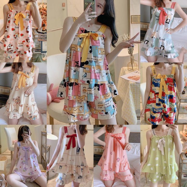 พร้อมส่ง-ถูกที่สุดชุดนอน-ชุดนอนผู้หญิง-เซตชุดนอนเสื้อสายเดี่ยว-กางเกงขาสั้น-พรอมส่ง124