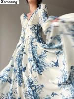 Summer Women New French Vintage Floral Print Party Midi Dresses Elegant V-Neck Lantern Sleeve Prom Clothes Vestidos Robe