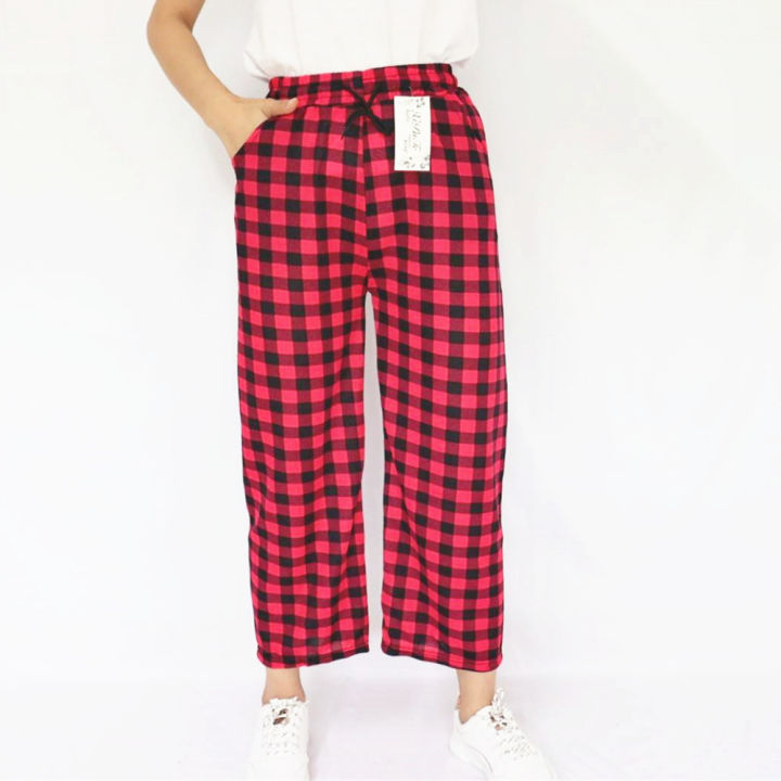 ส่งไว-กางเกงขายาวสก็อตสีสวย-plaid-pants-ทรงขาตรง-เป็นเอวยางยืดมีเชือกผูกรูดปรับขนาดเอวได้-ผ้าหนังไก่-9113-มีกระเป๋า2ข้าง