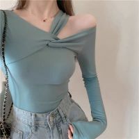 Design Blue Polyester T-shirt Spring Summer Tops 2023 Korean Style Long Sleeve Irregular Collar Solid Color Clothing for Female