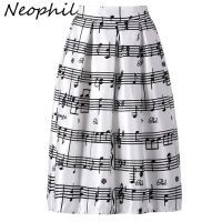 Neophil 2022 Summer Piano Music Note Melody Print High Waist Pleated Ball Gown Satin Flared Midi Women Skirts Tutu Saia S08024