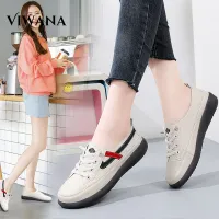 VIWANA รองเท้าผ้าใบสีขาวสำหรับผู้หญิง Sepatu Slip On หนังแท้ลำลองสไตล์เกาหลีใหม่2023รองเท้าใส่เดินยาง Comfort ของแท้รองเท้ากีฬาแฟชั่นลดราคา
