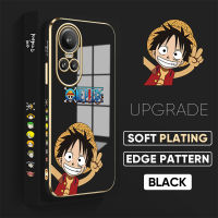 เคส PMP สำหรับ OPPO Reno10 Pro 5G ฟรีสายคล้อง + การ์ตูนอะนิเมะแฮปปี้ลายขอบสี่เหลี่ยมลูฟี่ชุบเคสโทรศัพท์หรูหราชุบเคสโทรศัพท์นิ่ม