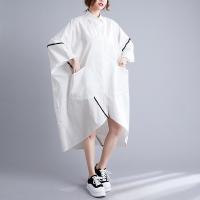 【YF】  3669 White Women Asymmetrical Shirt Dress Batwing Sleeve Loose Front Buttons Midi Big Pockets Turn-down Collar Summer2023