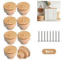 8Pcs Rattan Wood Door Knobs Furniture Cabinet Pulls Boho Decor Furniture Knobs Vintage Drawer Cabinet Wood Handles With Screws Door Hardware Locks