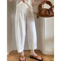 Spot parcel post Japanese-Style R High Waist White Cropped Cotton Pants Womens Summer Thin Pants Casual Tappered Pants Wide-Leg Straight Pants