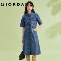 GIORDANO Women Dresses Multi-Pocket Short Sleeve Summer Denim Dresses Shirt Collar Cotton Fashion Casual Denim Dresses 18463716