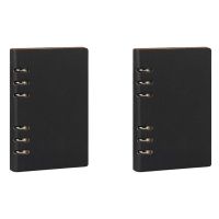 2X A5 Notebook 6 Holes PU Leather Cover Notebook Loose Pocket Leather Refillable Notebook Binder Rings Journal (Black)