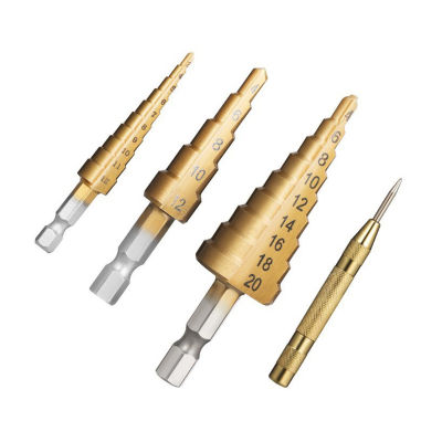 HSS 4PCS Titanium Step Drill Bit Set High Speed Steel Drill Bits Set with Automatic Center Punch Multiple Hole Stepped Up Bits for Plastic Wood Metal