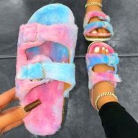 2022 Women Furry Slippers Soft Plush Buckle Shoes Indoor Ladies Platform Sandalias Open Toe Fluffy House Slides Large Size 37~42