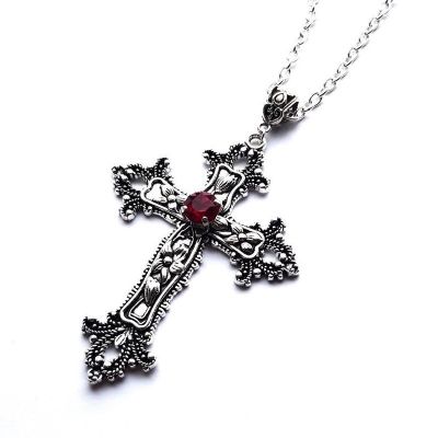 Vintage Cross Necklace Man Chain Drill Pendant Red Jewel Antique Silver Goth Punk Jewelry Fashion Summer Charm Trendy Women Gift