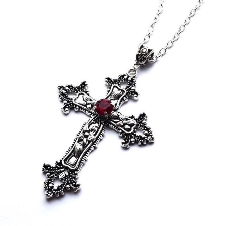 vintage-cross-necklace-man-chain-drill-pendant-red-jewel-antique-silver-goth-punk-jewelry-fashion-summer-charm-trendy-women-gift