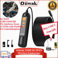 Oiiwak (ซื้อ1แถม1ฟรีของขวัญ) 12MP 5กรัม WiFi กล้อง Endoscope 5X ซูมออโต้โฟกัสกันน้ำ Borescope กับ12ปรับไฟ LED กึ่งแข็งงูเคเบิ้ลสำหรับเครื่องปรับอากาศ/ท่อระบายน้ำ/รถยนต์