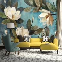 ┅◑✖ High Quality Deep Texture 3D White Lotus Retro Style Oil Painting Murals Home Decor Wallpaper Living Room Background Wall Paper