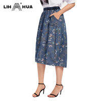 LIH HUA Womens Plus Size Denim Skirt High Elasticity Slim Fit Printed Dress Casual Woven Skirt