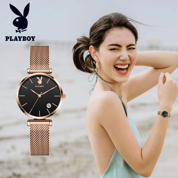 playboy-นาฬิกาสำหรับผู้หญิงของแท้2023นาฬิกาควอตซ์สไตล์เรียบง่ายสไตล์มิลาเนสสายสแตนเลสสตีลลำลองสำหรับผู้หญิง