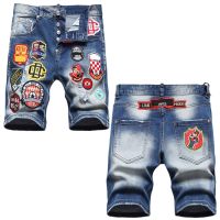 New Arrive Men’s Slim Blue Ripped Jeans Shorts Light Luxury Badge Embroidery Decorating Street Shorts Sexy Casual Shorts;